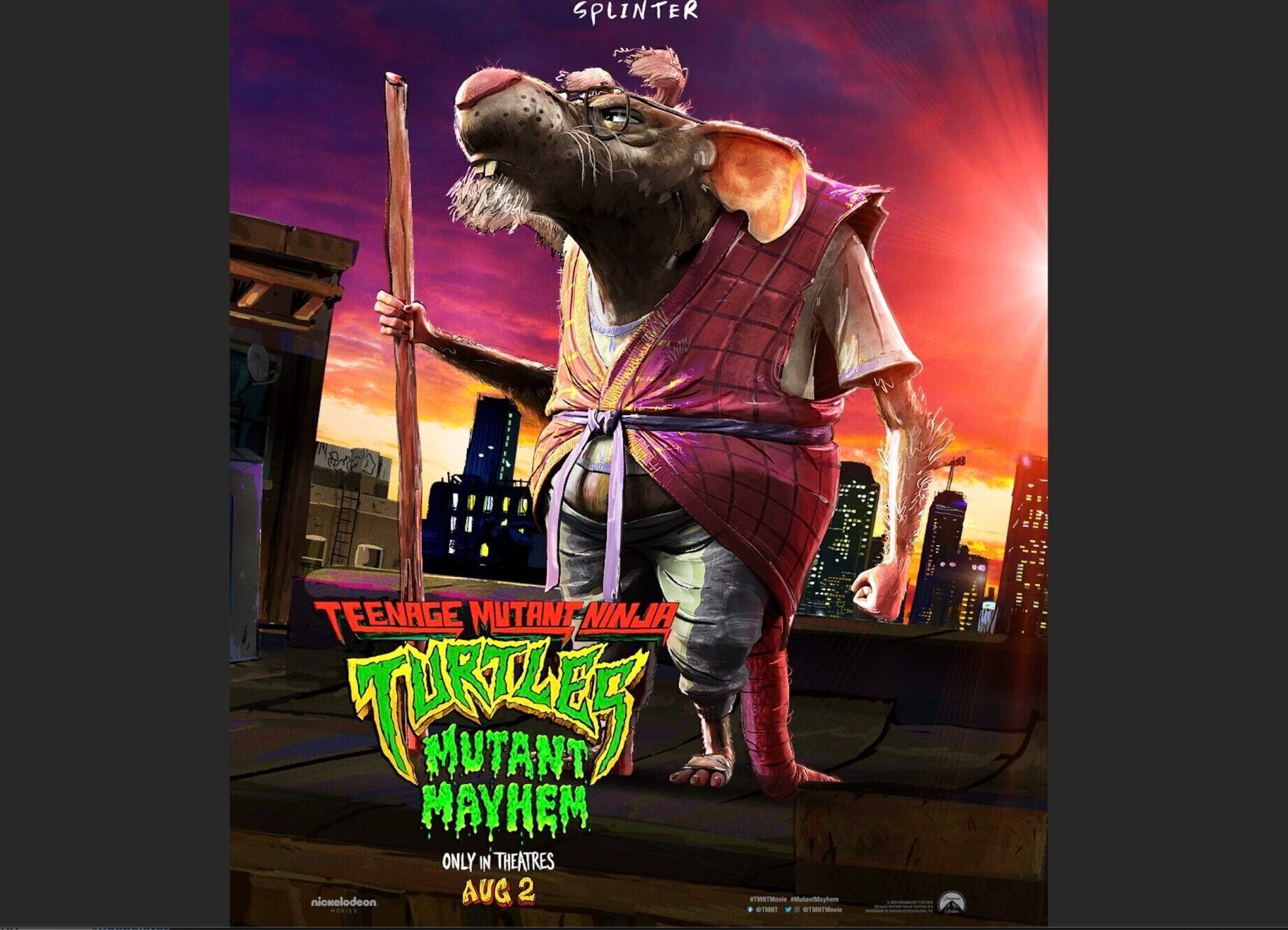 Teenage Mutant Ninja Turtles: Mutant Mayhem movie poster featuring Splinter the rat