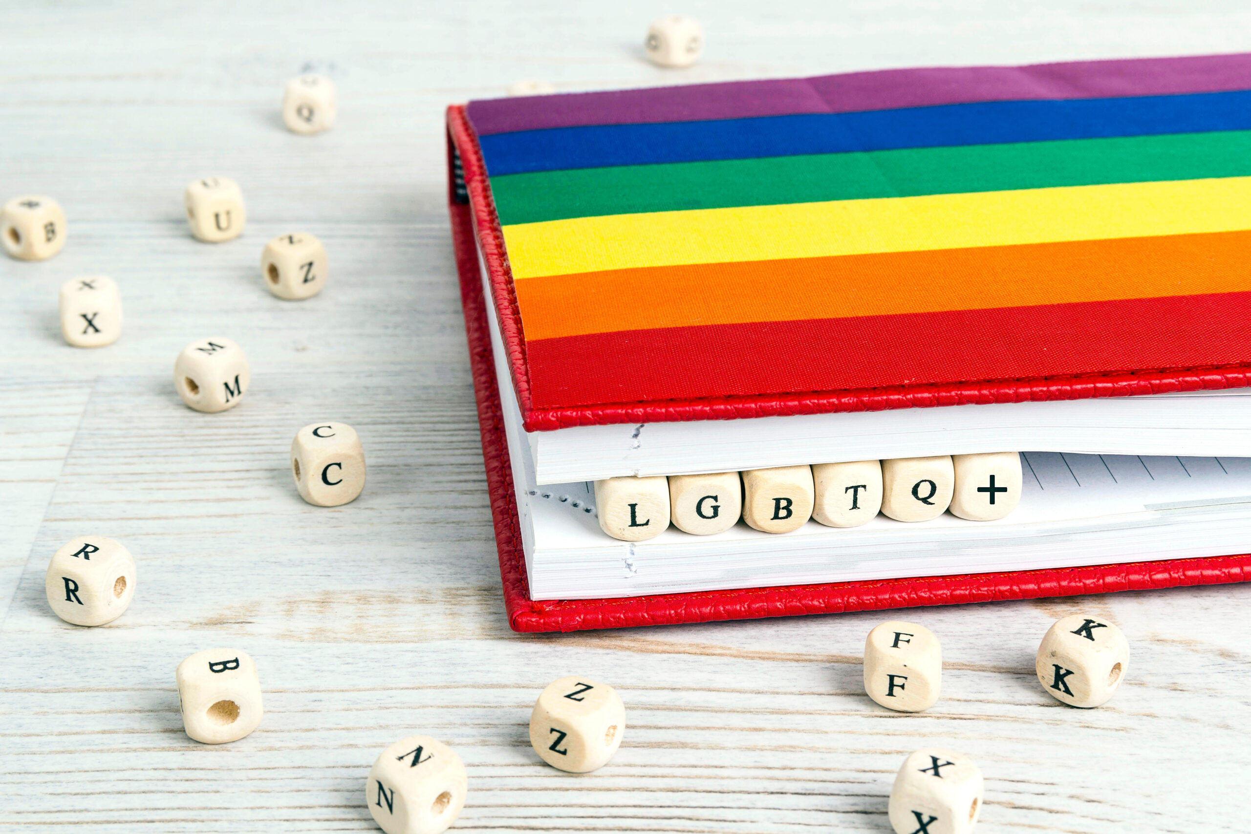 Lgbtq+,Written,In,Wooden,Blocks,In,Red,Notebook,With,Rainbow, book, dictonary, words