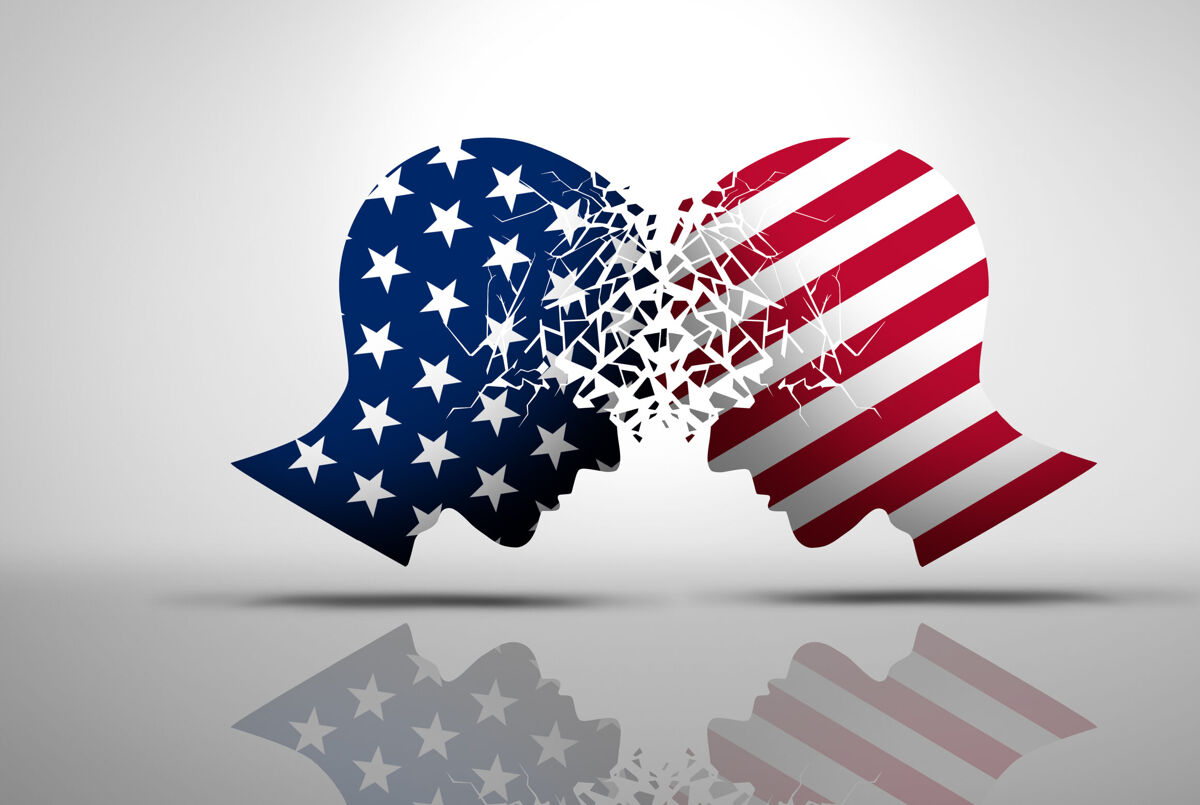 United States debate and US social issues argument or political war as an American culture conflict as conservative and liberal political dispute and ideology in a 3D illustration style.