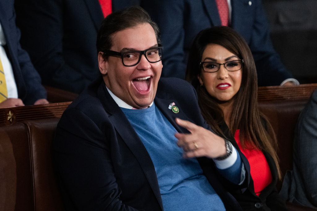 UNITED STATES - OCTOBER 17: Reps. George Santos, R-N.Y., and Lauren Boebert, R-Colo., are seen on the House floor of the U.S. Capitol before the Republican nominee for speaker of the House, Rep. Jim Jordan, R-Ohio, failed to receive enough votes to win the position on Tuesday, October 17, 2023.