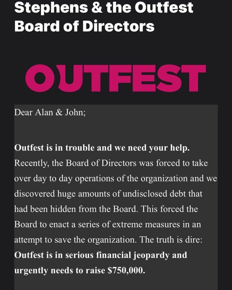 Screenshots of a message from Outfest's board posted by Alan Koenigsberg.