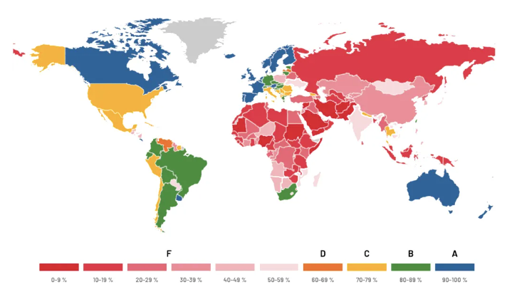 A world map showing the A-F scores of different countries on LGB rights.
