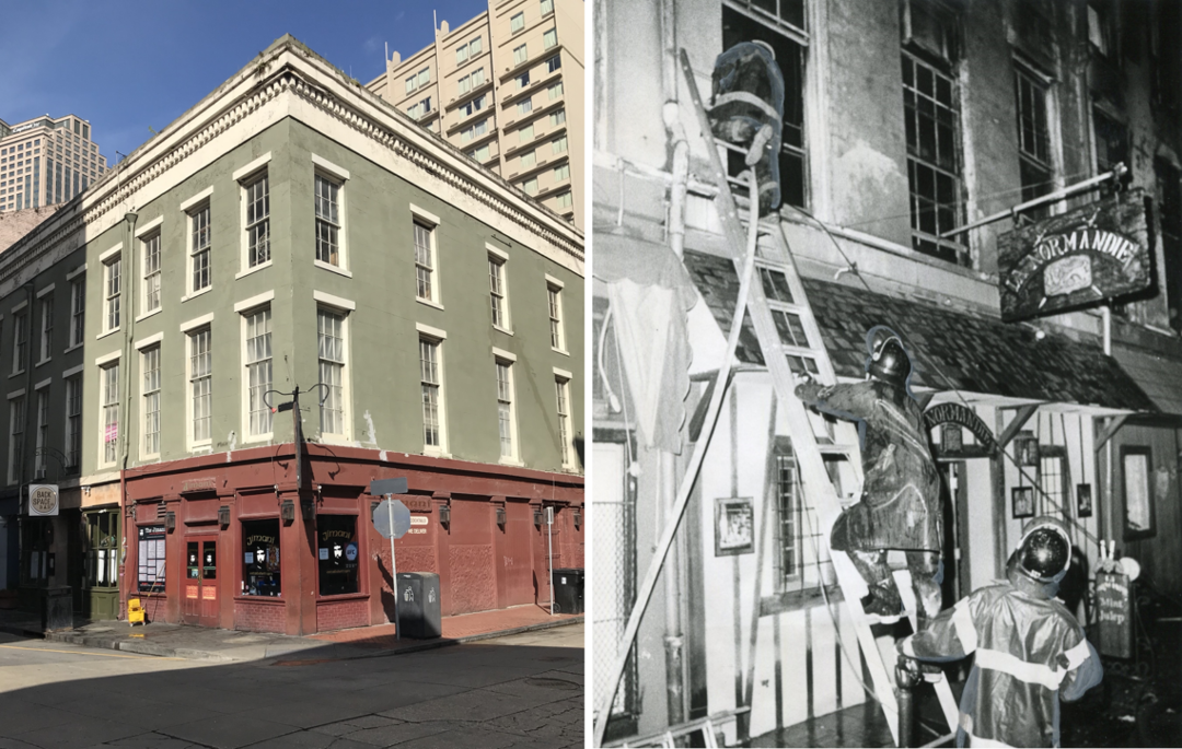 (from left) A local “watering hole,” The Jimani, has occupied the street level of 141 Chartres Street since 1972. The Up Stairs Lounge on the second floor had only one public entrance, its second-floor windows were either boarded or covered with iron bars. Photos courtesy of the LGBT+ Archive Project of Louisiana.