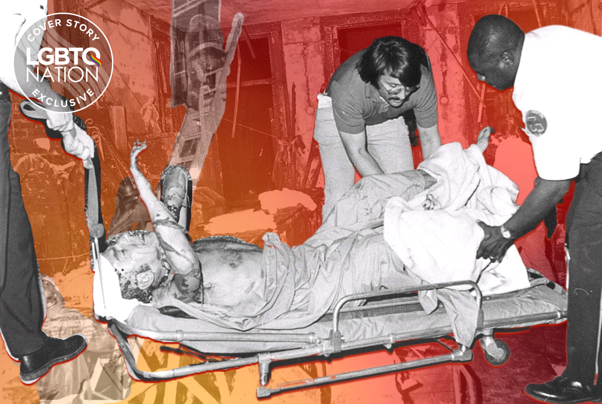 The aftermath of the UpStairs Lounge Fire: Luther Boggs on a stretcher, June 24, 1973.