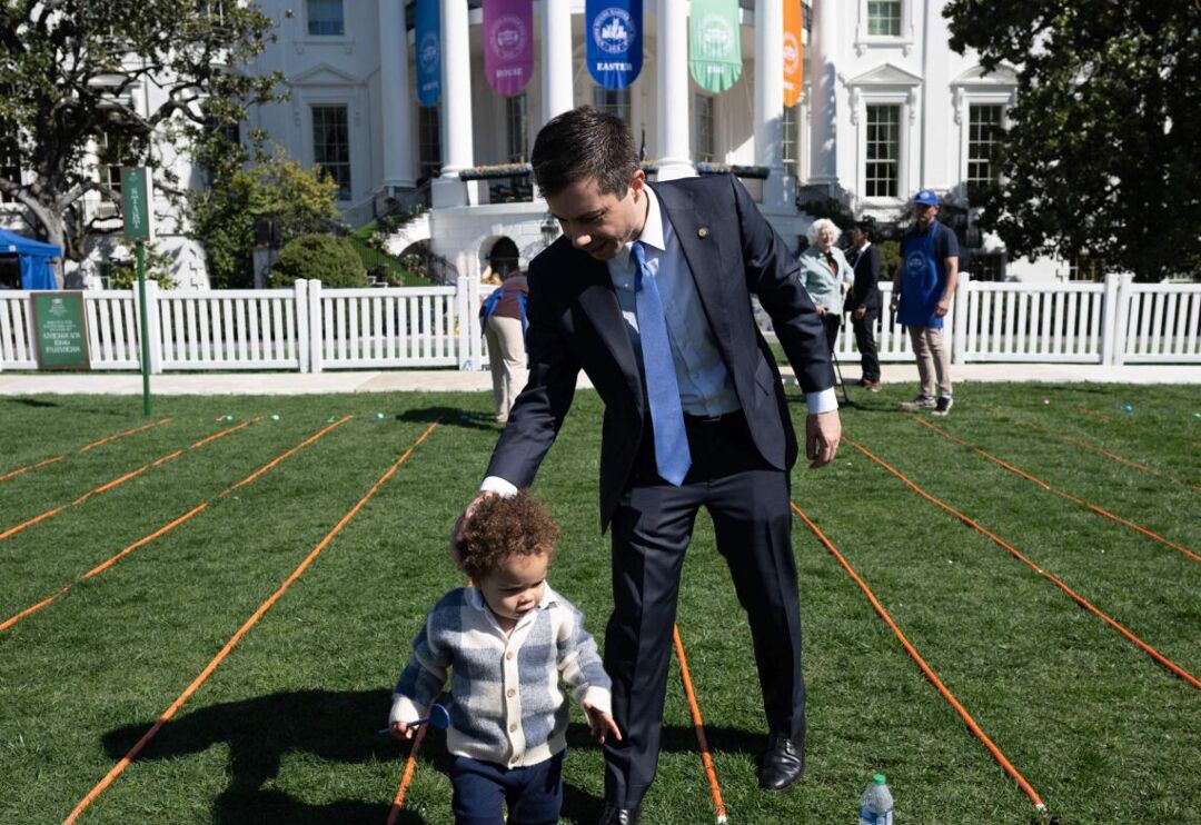 Pete Buttigieg with son Joseph at the annual Easter Egg Roll at the White House.