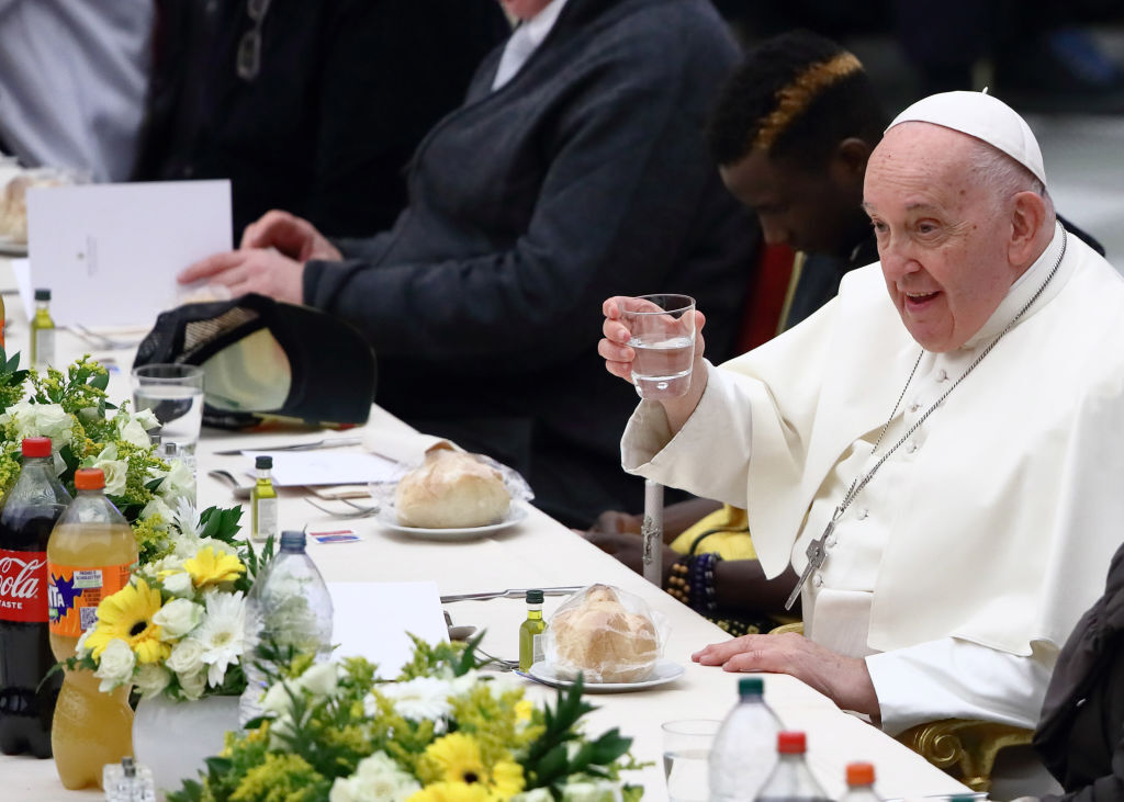 Pope Francis during lunch with the poor on the occasion of the VII World Day of the Poor in the Paul VI Hall. Vatican City (Vatican), November 19th, 2023. (Photo by Grzegorz Galazka/Archivio Grzegorz Galazka/Mondadori Portfolio via Getty Images)