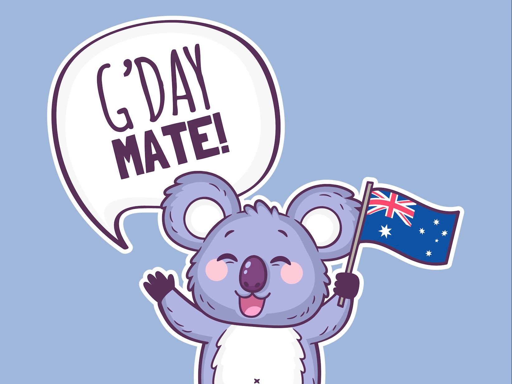 Cute koala character holding an Australian flag and saying G'day mate! Cute cartoon sticker with koala bear. Australia day vector illustration.