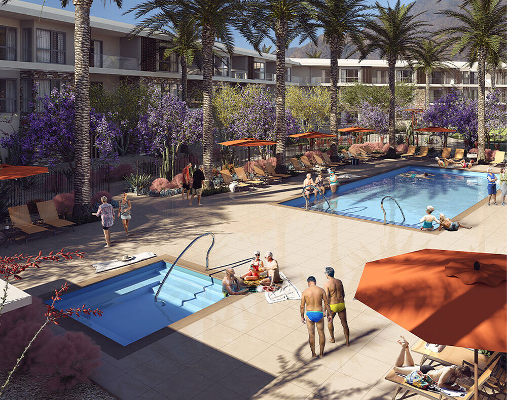 A rendering of the pool at Living Out in Palm Springs