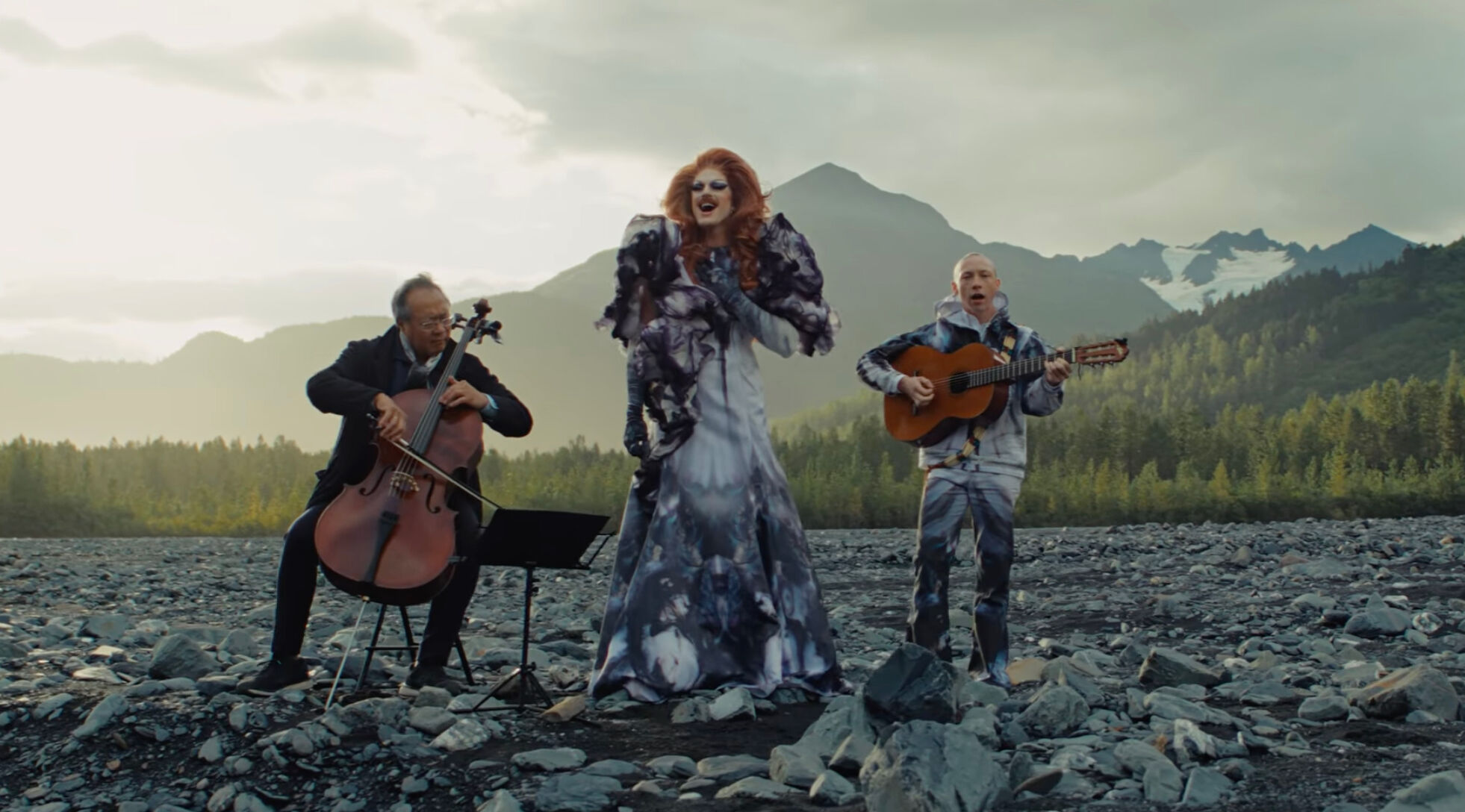 From left: Yo-Yo Ma, Pattie Gonia, and Quinn Christopherson in the video for "Won't Give Up"