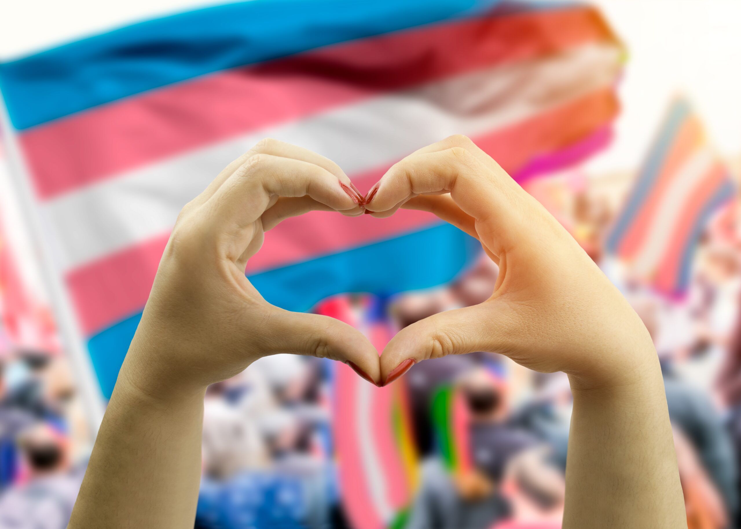 close up hands creating a heart with transgender flag in the background