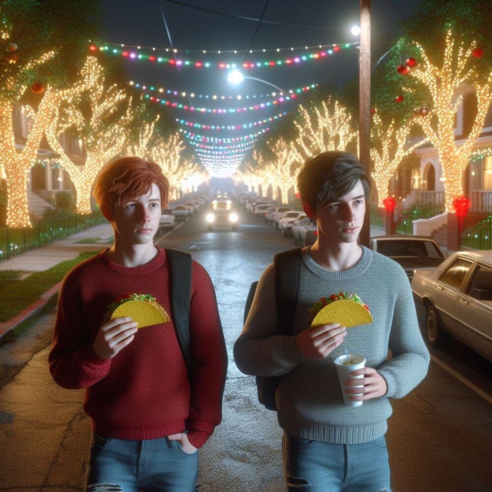 An AI rendition of me and Tom on Christmas Day Eve, circa 1989. Two teenage boys eating tacos on a street lined with lit up trees.