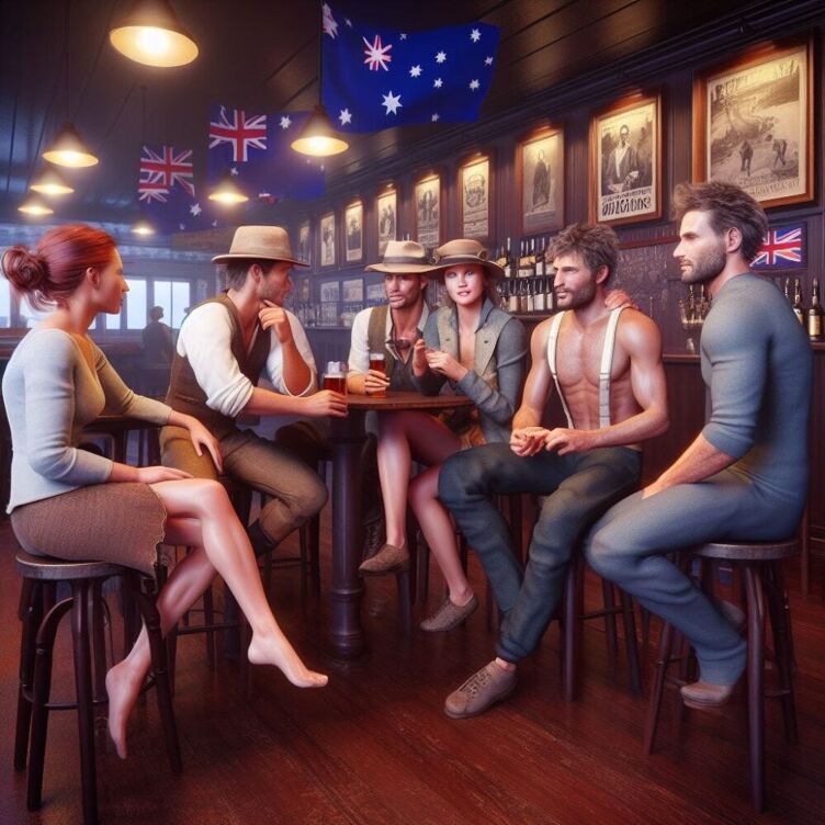 AI-generated cartoon image of friends hanging out in a bar with Aussie flags hanging from the ceiling. Everyone is young and good looking and muscular. One man is shirtless.Though irregularities exist, like one woman's spider-like eyes and a disembodied hand on a man's shoulder.
