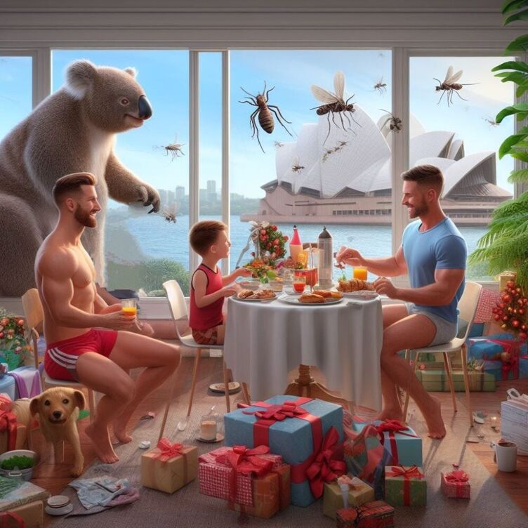 AI generated image of two men and a child having breakfast while a giant koala and giant mosquitos surround them. Outside the window is a view of the Sydney opera house. Christmas presents are all over the floor.