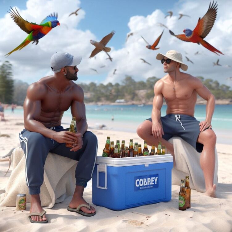 Two men sitting on a beach next to a cooler filled with beer while lorikeets fly around 