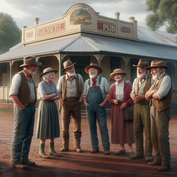 a photorealistic image of a group of older and rural male and female australians standing in front of an old fashioned pub and talking