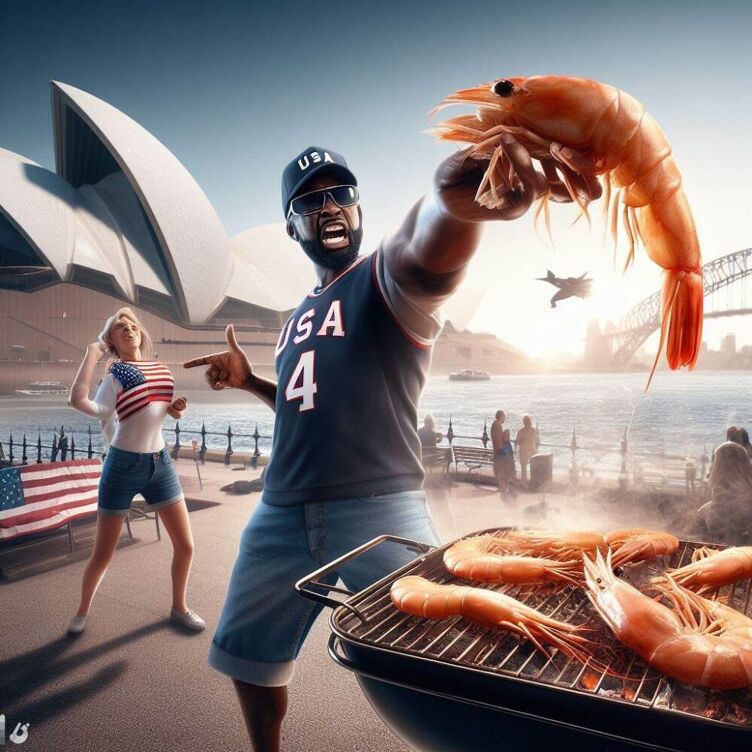 American man and woman barbecuing shrimp in front of the Sydney Opera House wearing American flag and USA shirts. An American flag is draped on the bench behind them. The woman's arms are not fully formed, nor is her face. 