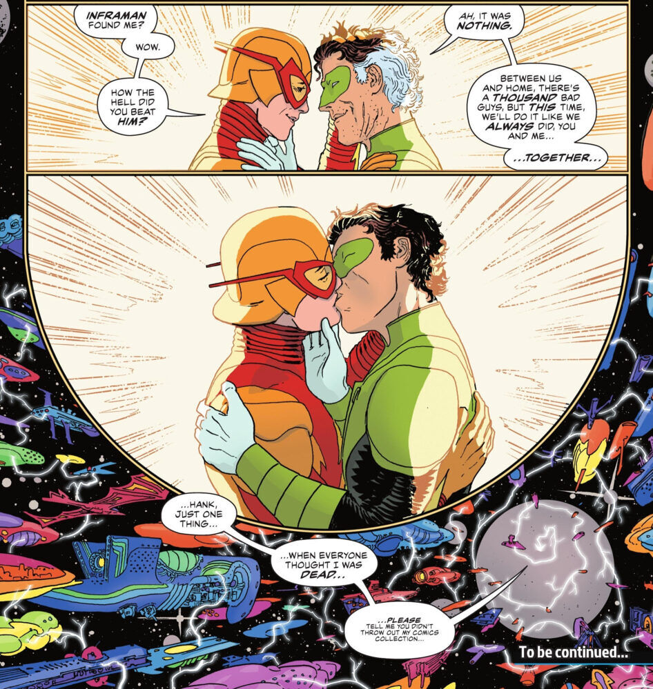 The long-lost Red Racer kisses his partner Flashlight in "Love’s Lightning Heart," written by Grant Morrison and illustrated by Hayden Sherman.