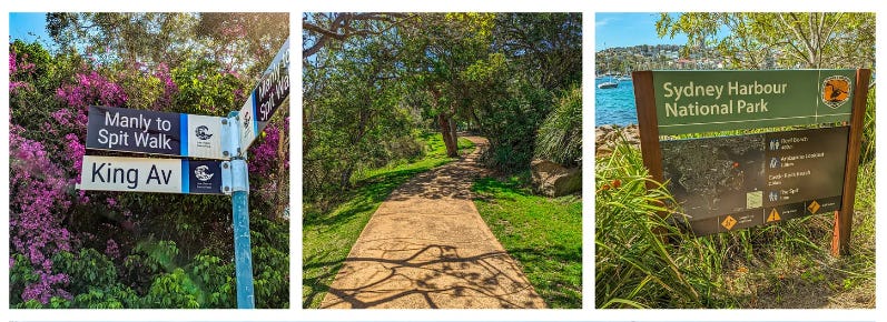 First picture shows sign reading "Manly to Split Walk" with purple flowers behind; second photo a trail shaded by trees; third a sign for Sydney Harbour National Park
