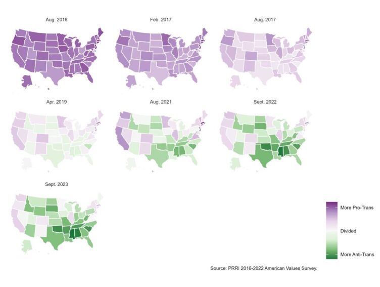 A map showing states' gradual shift from pro-trans attitudes to anti-trans ones from 2016 to 2023.