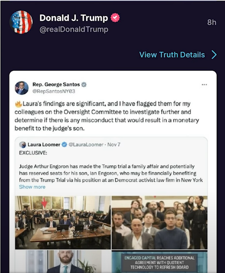 Trump's message with screenshots of posts from George Santos and Laura Loomer