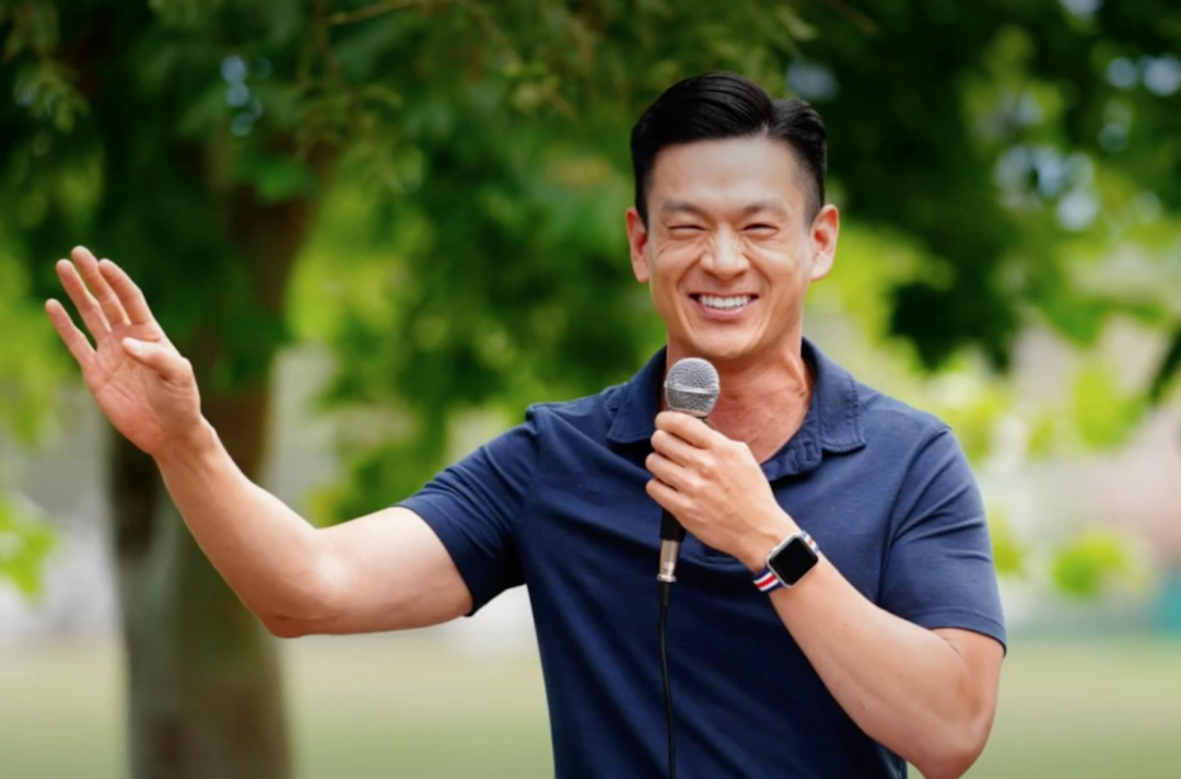 At a constituent event in his Silicon Valley district, Evan Low sports a patriotic Apple Watch Ultra. 