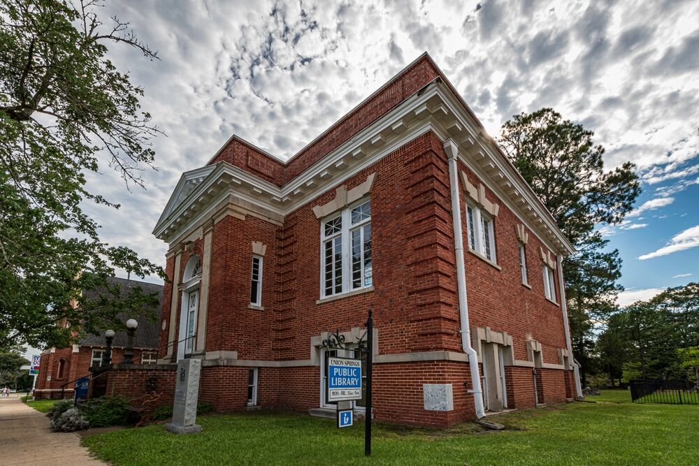 Union Springs, Alabama, USA - Sept. 6, 2022: This Carnegie Library built in 1911 in Classic Revival-Beaux arts design is one of the few Carnegie Libraries still in operation as a public library.