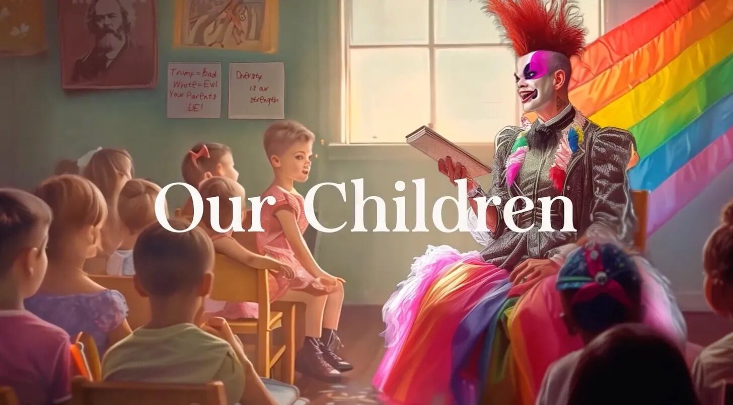A drag queen dressed in a pink mohawk and rainbow-colored skirt reads to elementary school kids. An androgynous blonde child in a pink dress listens closely. Hung on the classroom wall are a rainbow flag, a portrait of Communist philosopher Karl Marx and two handwritten signs that say, "Diversity is our strength," and "Trump = bad, White = Evil, Your parents LIE!"