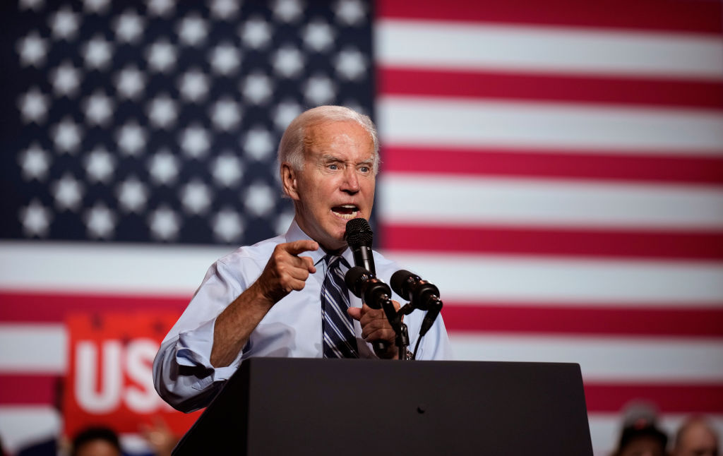 President Joe Biden speaks during a rally hosted by the Democratic National Committee at Richard Montgomery High School on August 25, 2022, in Rockville, Maryland. 