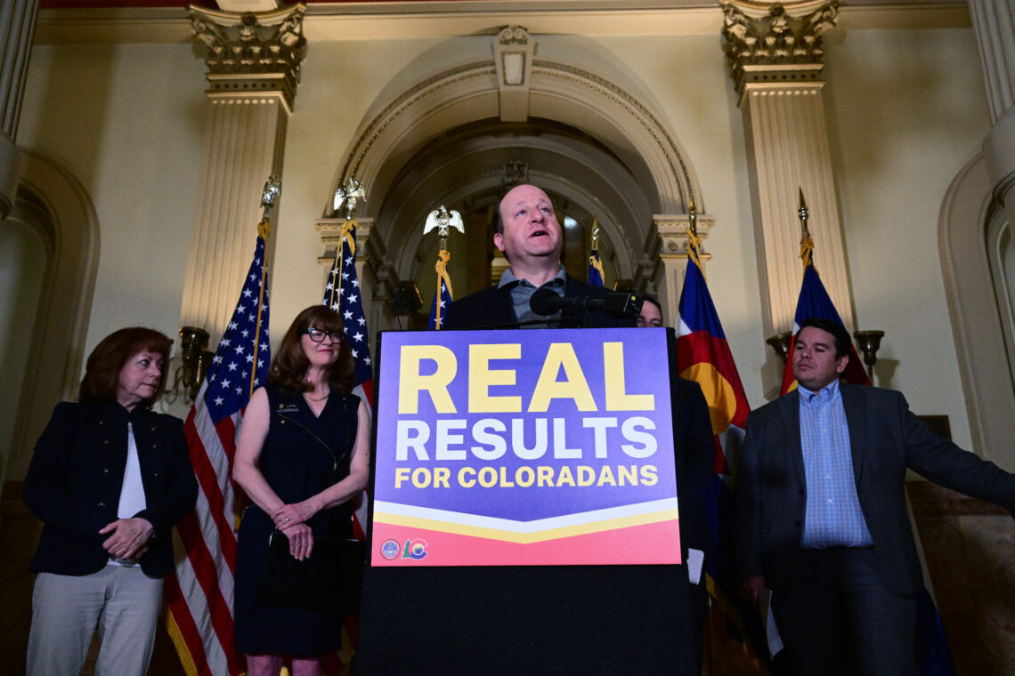 Colorado Governor Jared Polis speaks during a press conference with other legislative leadership in the West foyer of the Colorado State Capitol on May 9, 2023 in Denver, Colorado. 