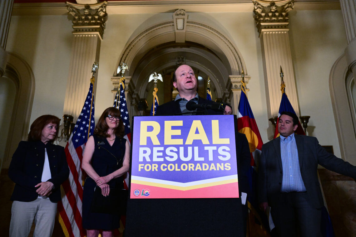 Colorado Governor Jared Polis speaks during a press conference with other legislative leadership in the West foyer of the Colorado State Capitol on May 9, 2023 in Denver, Colorado. 