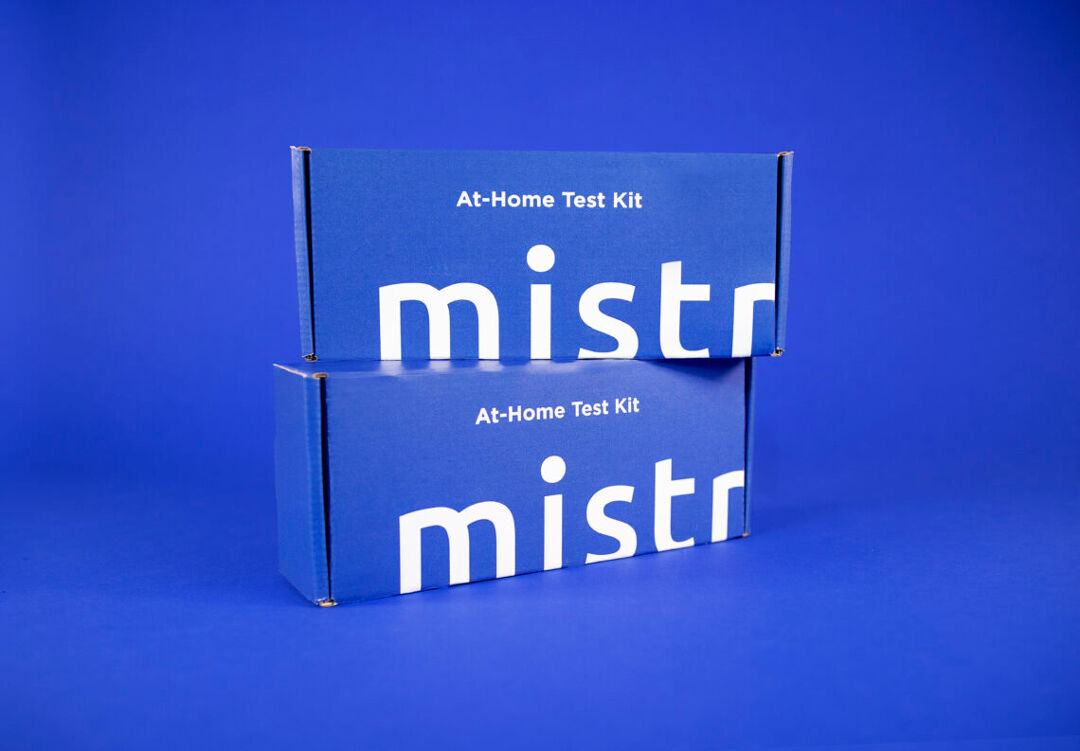 2 Blue at-home test kits from MISTR on a blue background