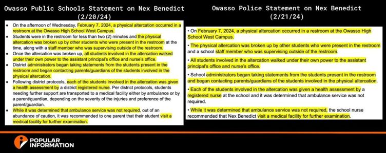 A side-by-side comparison of verbatim phrases used in statements from Benedict's school and OPD.