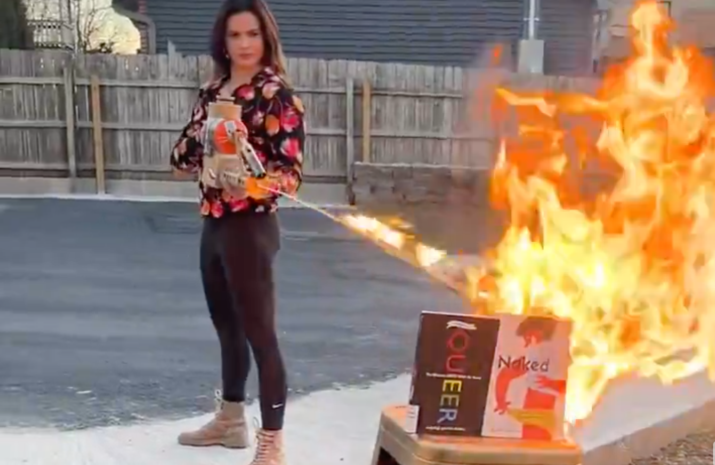 MAGA candidate burns LGBTQ+ books with flamethrower in unhinged campaign video