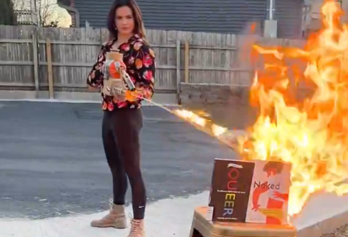 MAGA candidate burns LGBTQ+ books with flamethrower in unhinged campaign video