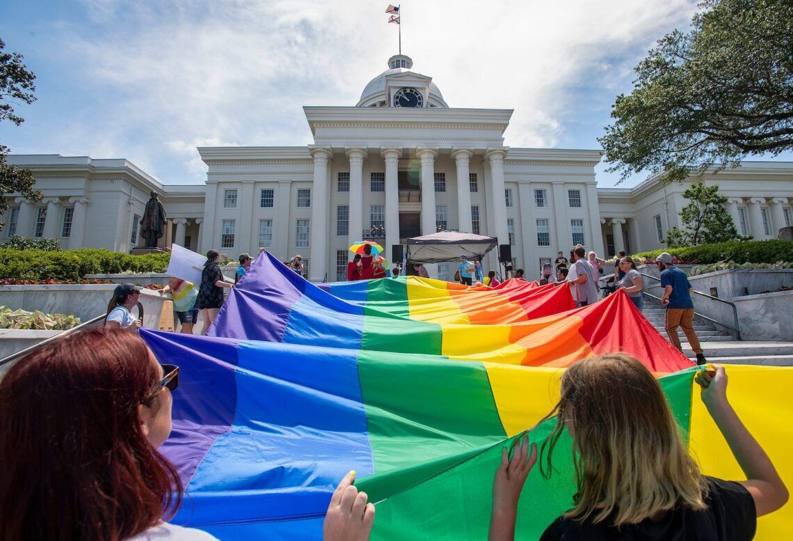 Marchers carry a giant rainbow flag up the steps of the Alabama Capital Building during the Montgomery Pride March and Rally in downtown Montgomery, Ala., on Saturday June 29 , 2019. 

Pride01