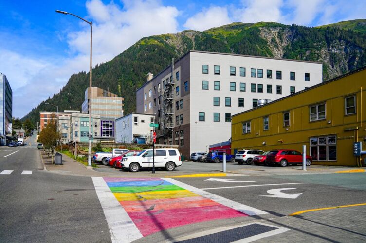Rainbow pedestrian crossing on Front Street in downtown Juneau, the capital city of Alaska
