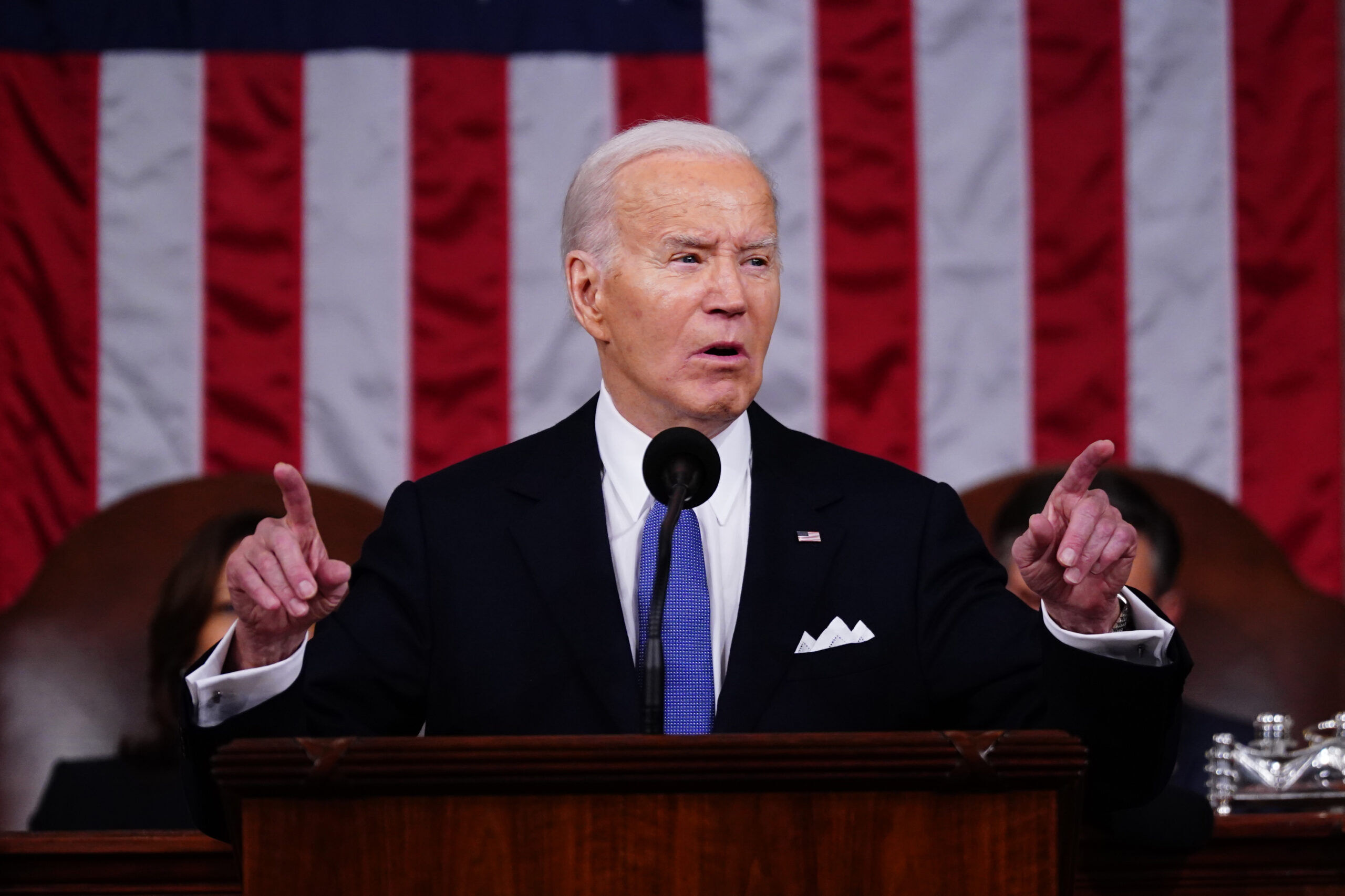 Mar 7, 2024; Washington, DC, USA; US President Joe Biden delivers his third State of the Union address in the House Chamber at the U.S. Capitol in Washington on March 7, 2024. Mandatory Credit: Shawn Thew/Pool via USA TODAY