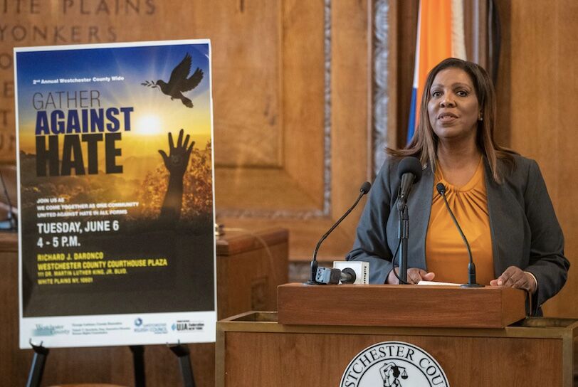Letitia James, New York State Attorney General, speaks during the 2nd annual Westchester County Gather Against Hate event at the chambers of the Westchester County Legislature in White Plains June 6, 2023. The event was sponsored by the Westchester County Human Rights Commission, the Westchester Jewish Council and the UJA-Federation of New York.