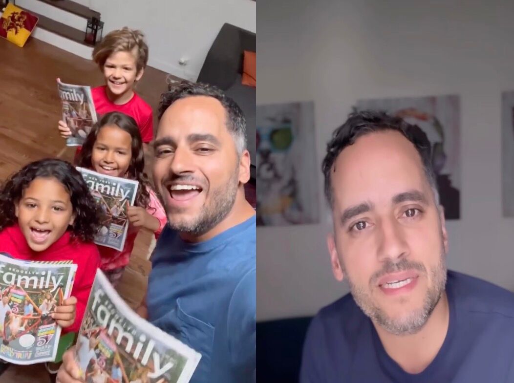 Composite photo - José Rolón and his three kids smile while holding up a magazine cover they're on/Rolón speaks to followers about Stew Peters's hateful comments