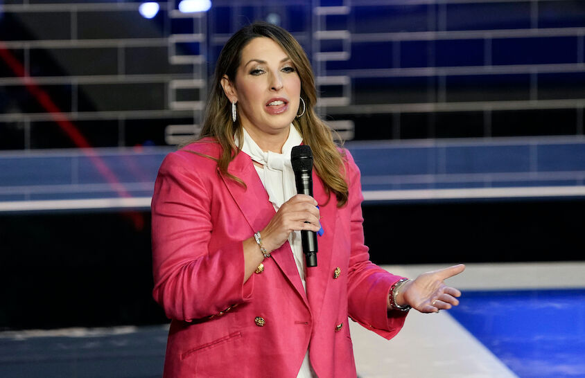 Nov 8, 2023; Miami, FL, USA; Republican National Committee chair Ronna McDaniel welcomes the crowd before the start of the Republican National Committee presidential primary debate hosted by NBC News at Adrienne Arsht Center for the Performing Arts of Miami-Dade County. Mandatory Credit: Gregory Lovett-USA TODAY