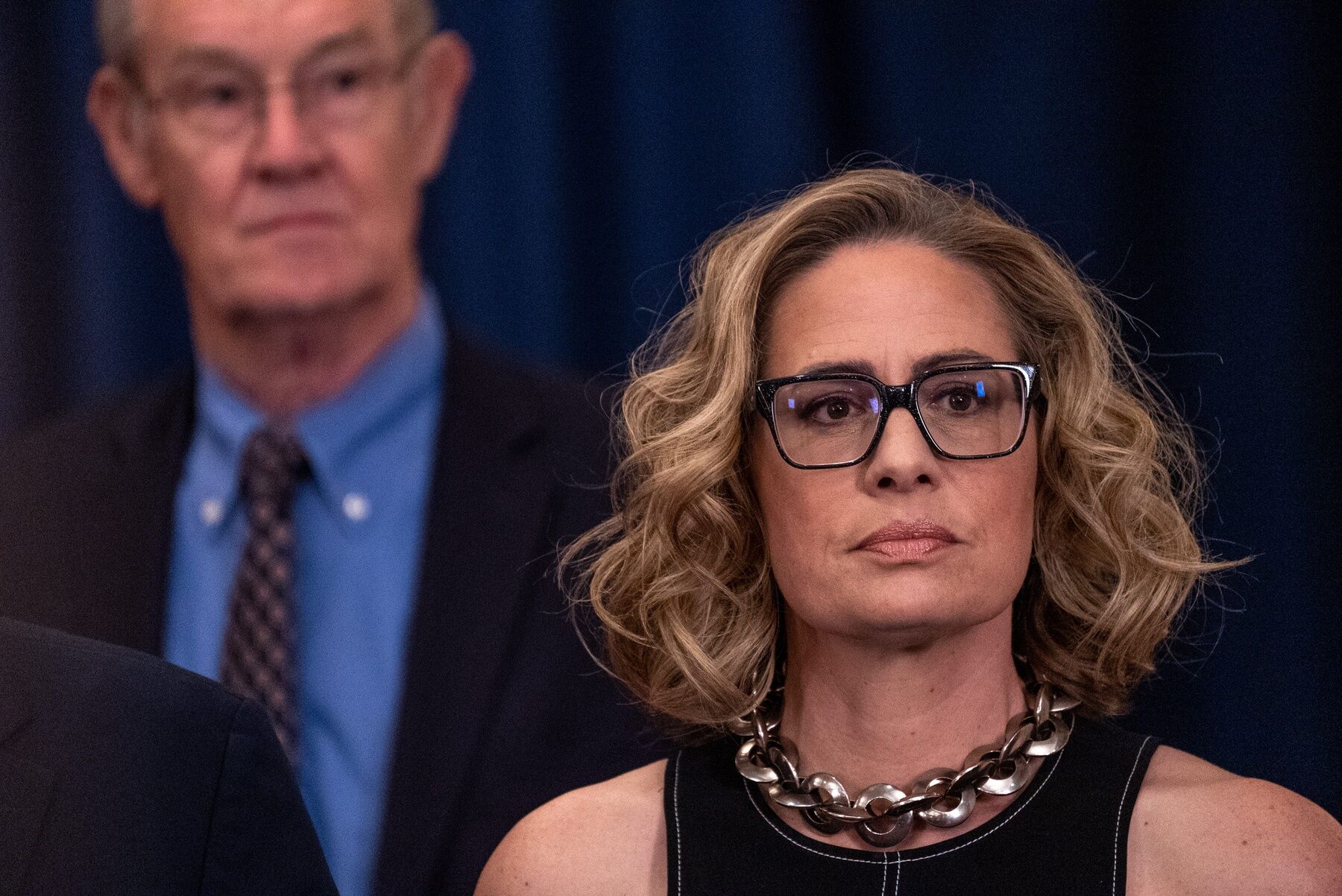Arizona Sen. Kyrsten Sinema attends a press conference discussing Colorado River conservation investments at the state Capitol in Phoenix on April 6, 2023.