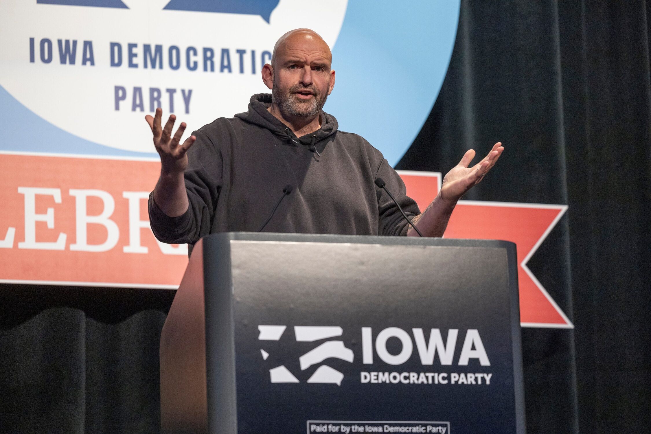 Nov 4, 2023; Altoona, Iowa, United States; Pennsylvania Senator John Fetterman speaks at the Iowa Democrats Liberty and Justice Celebration.