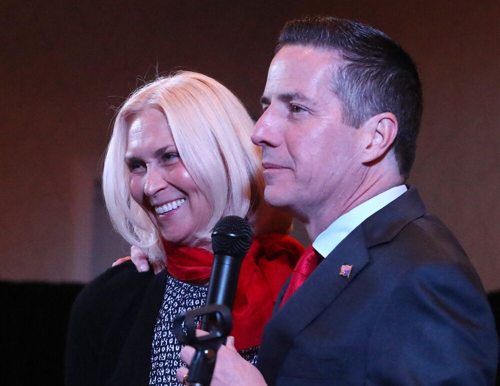 Bernie Moreno and his wife Bridget Moreno at a watch party for the Republican Party primary on March 19, 2024