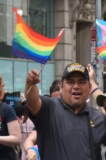 C.J. marching at Stonewall 50: World Pride NYC 2019 with the NYC Veterans Alliance