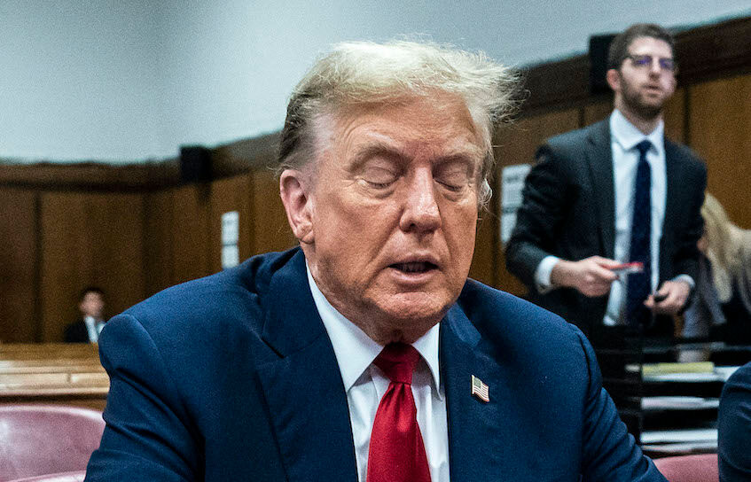 April 15, 2024; New York, NY, USA; Former US President Donald Trump attends the first day of his trial for allegedly covering up hush money payments linked to extramarital affairs, at Manhattan Criminal Court in New York City on April 15, 2024. Mandatory Credit: Jabin Botsford/Pool via USA TODAY NETWORK