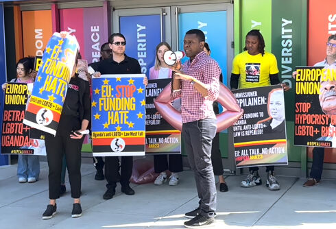 Protesters demand the EU stop sending money to Uganda because of the “Kill the Gays” law