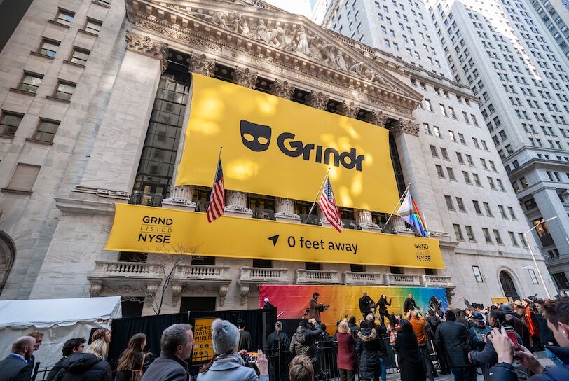 New York NY USA-November 18, 2022 A banner on the facade of the New York Stock Exchange celebrating the SPAC of the Gay dating app Grindr in New York