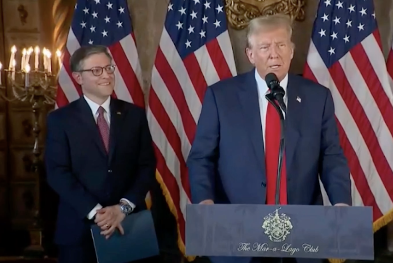 House Speaker Mike Johnson (R) and former President Donald Trump (R)