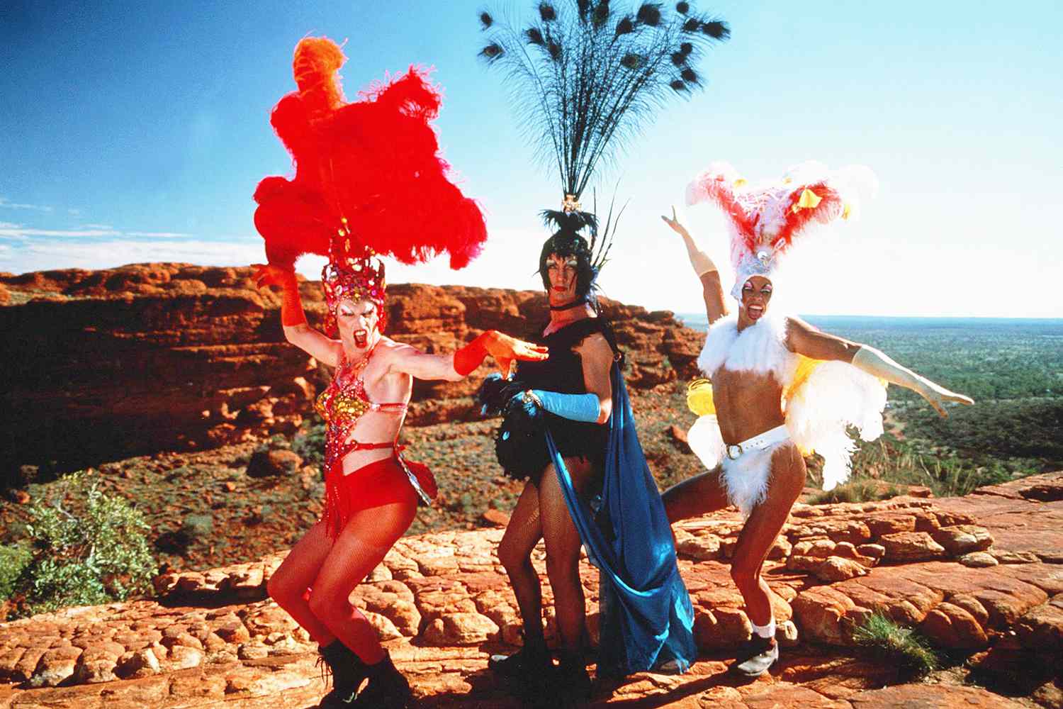 Terence Stamp, Guy Pearce, and Hugo Weaving perform in Priscilla, Queen of the Desert