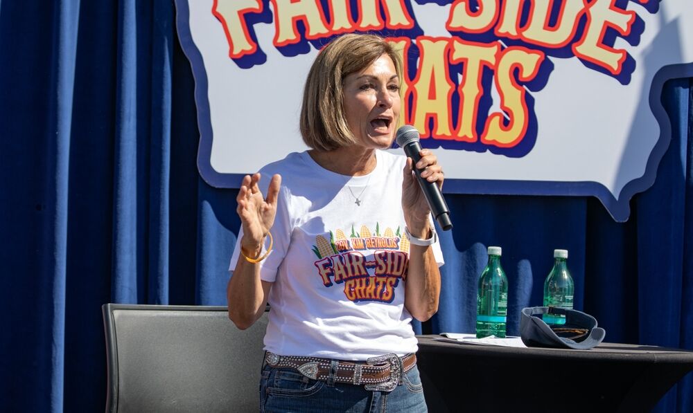 Des Moines, Iowa, USA - August 12, 2023: Iowa Republican Governor hosting her fair side chat series with potential presidential candidates at the Iowa state fair